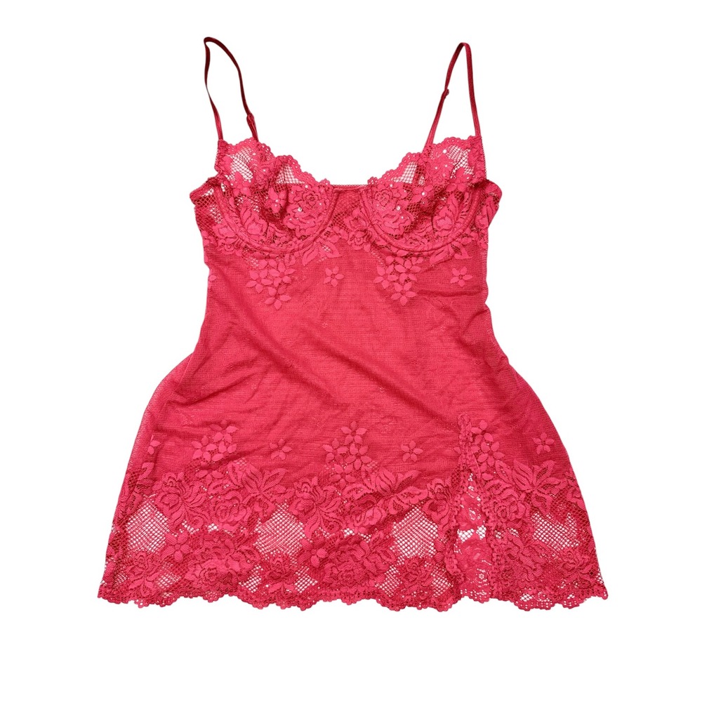Victorias Secret Pink Lace Mesh Babydoll Slip Dress Rhinestone Underwire Medium